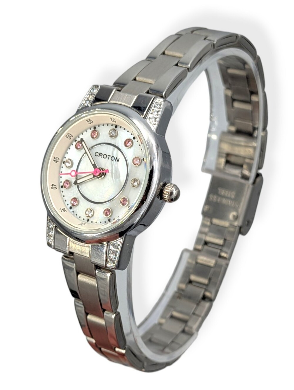 Croton Stainless Steel Watch Silver Women's Pink Crystal Hours Markers RT-170LY